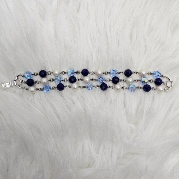 Trifari Silver Tone Blue Crystal Faux Pearl Three Strand Bracelet - Picture 7 of 7